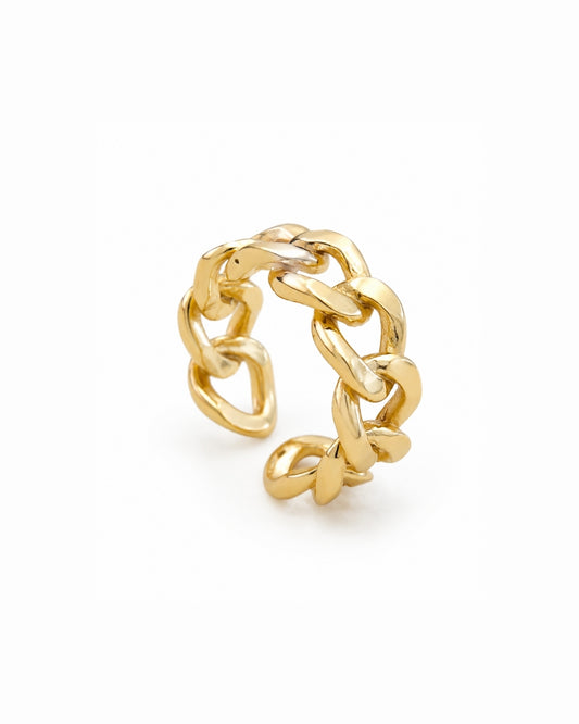 A gold chain-link open ring, also known as a chain-link band, shown on a clean white background.