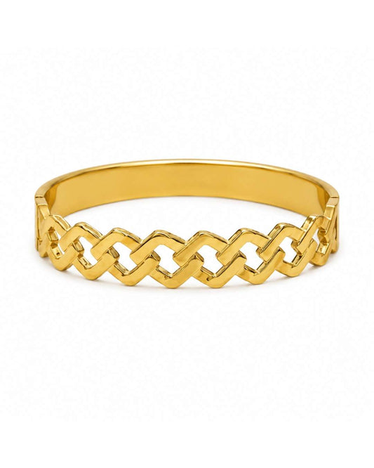 A polished gold bangle bracelet featuring a continuous interlocking geometric link pattern, shown on a clean white background.