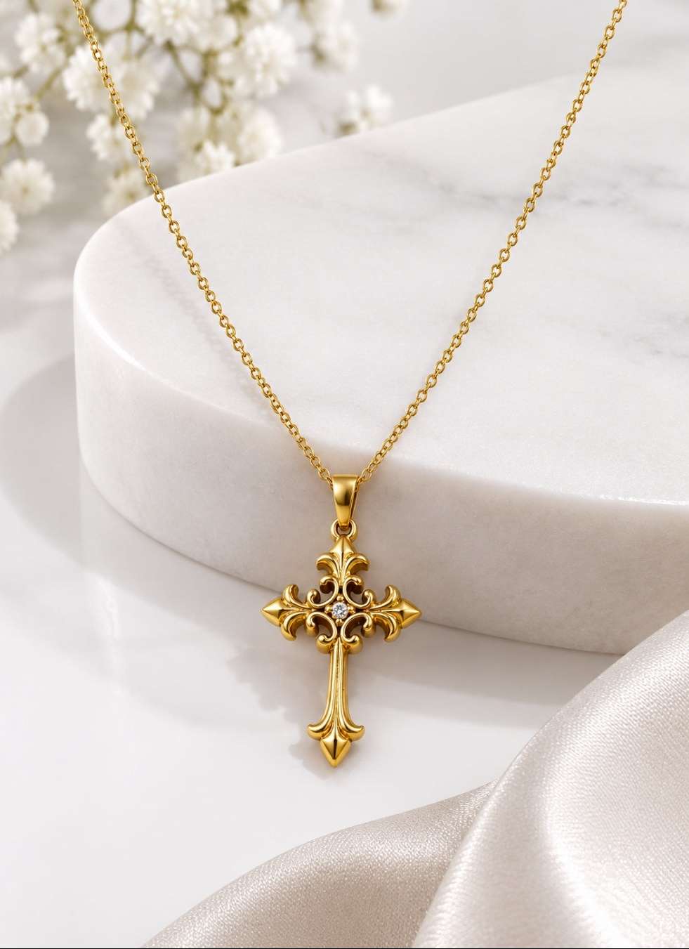 A gold cross pendant necklace with a delicate chain, displayed on a white marble pedestal with soft white flowers and satin fabric in the background.