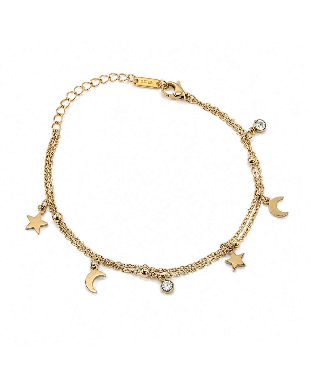 A delicate gold chain bracelet with five small white pearls and tiny gold beads, displayed on a white marble tray.