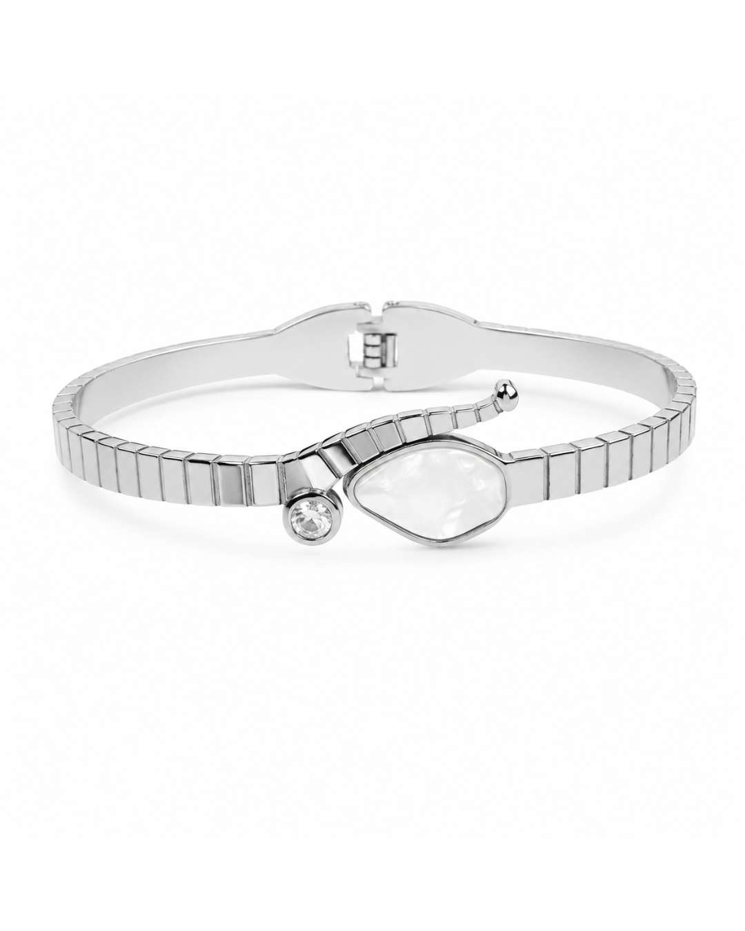 A silver-toned bangle bracelet featuring a segmented, ribbed design, a large irregular teardrop-shaped clear stone, and a small round clear accent stone, shown on a plain white background.