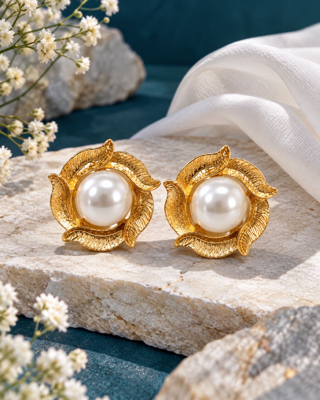 A pair of gold leaf-shaped stud earrings with white pearl centers, displayed on a textured stone with white flowers and draped white fabric.