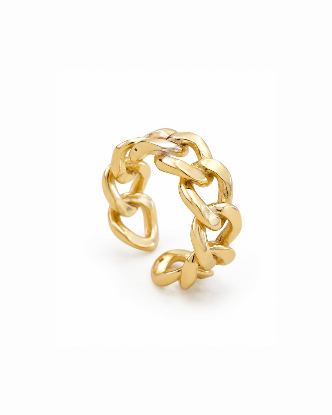 A gold chain-link open ring, also known as a chain-link band, shown on a clean white background.