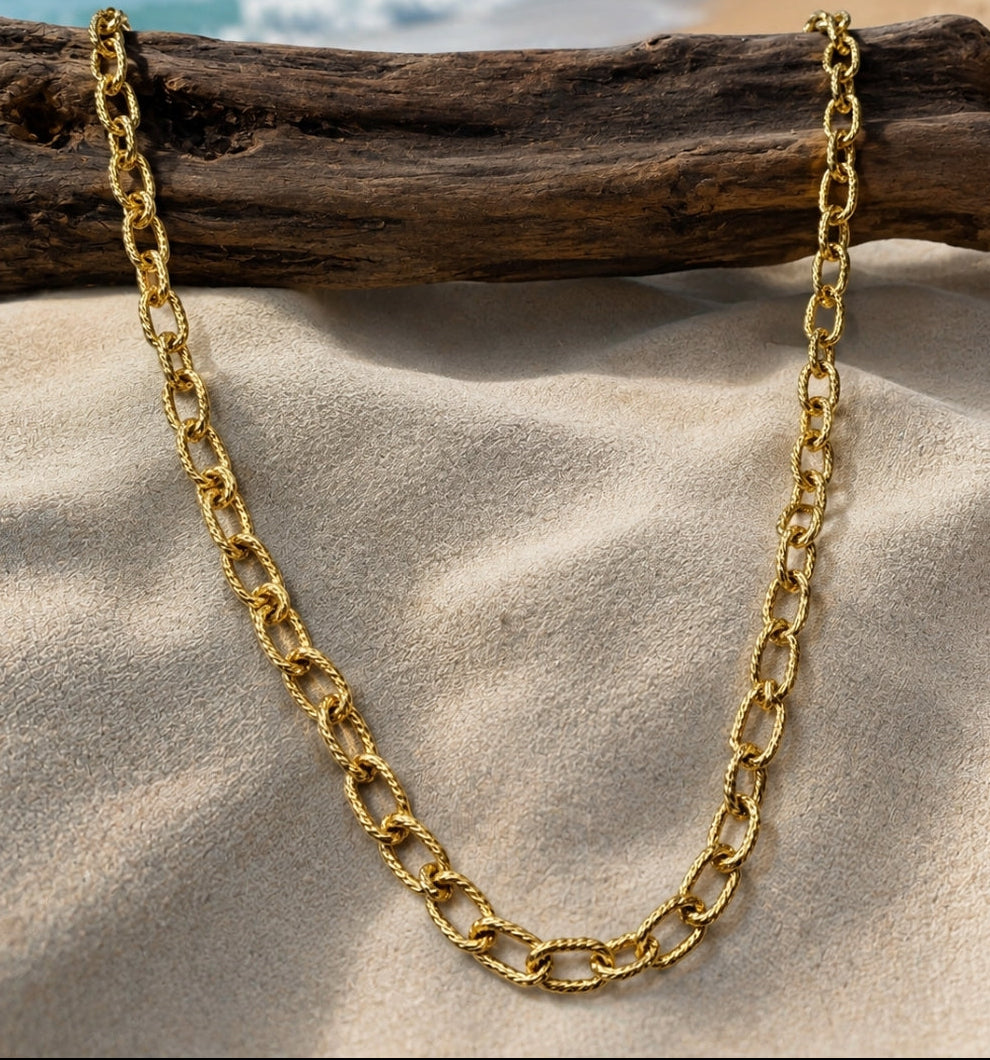 A gold chain necklace draped over a piece of driftwood on a sandy beach, with the ocean and coastline blurred in the background.