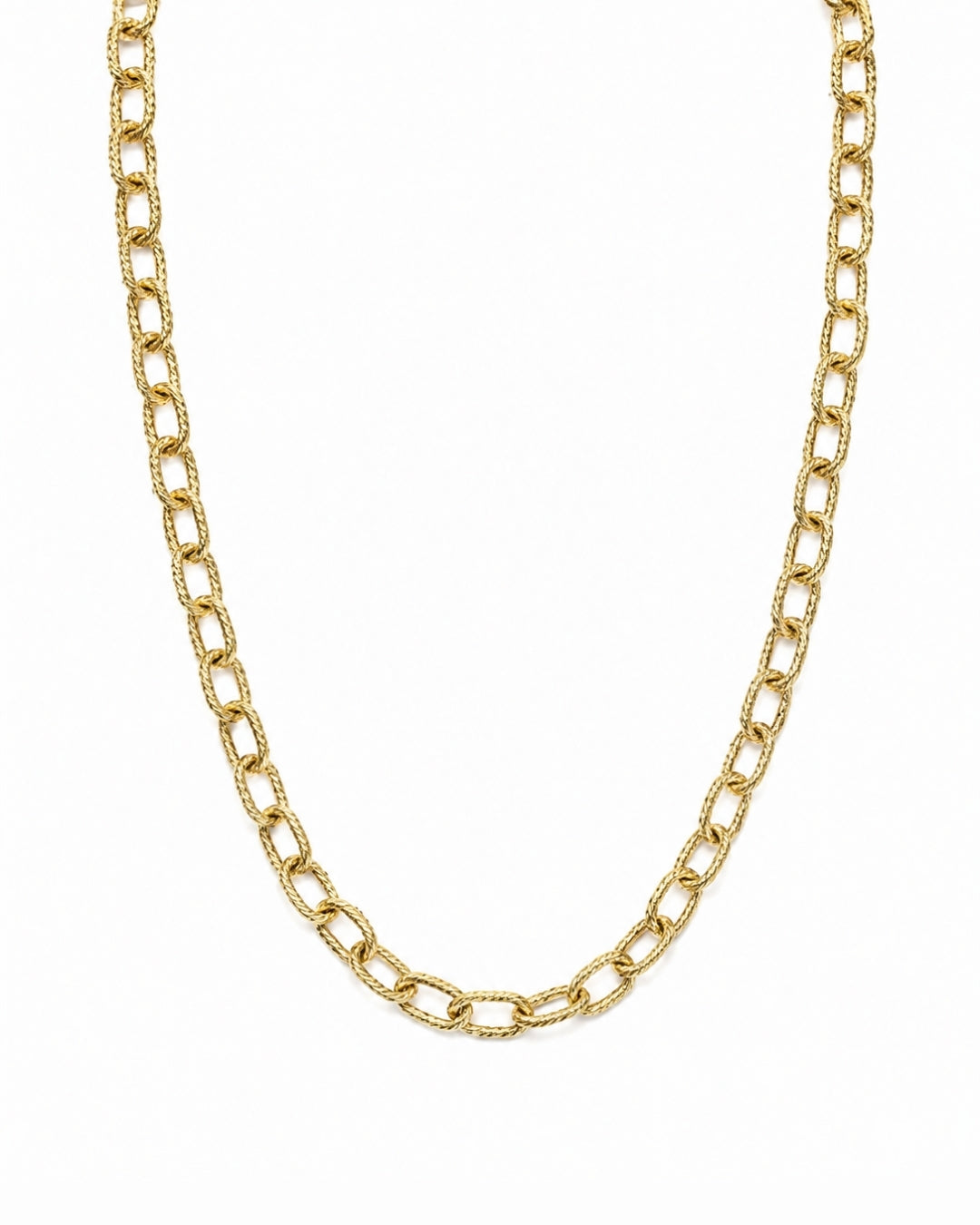 A gold chain necklace with textured, elongated oval links, displayed against a solid white background.