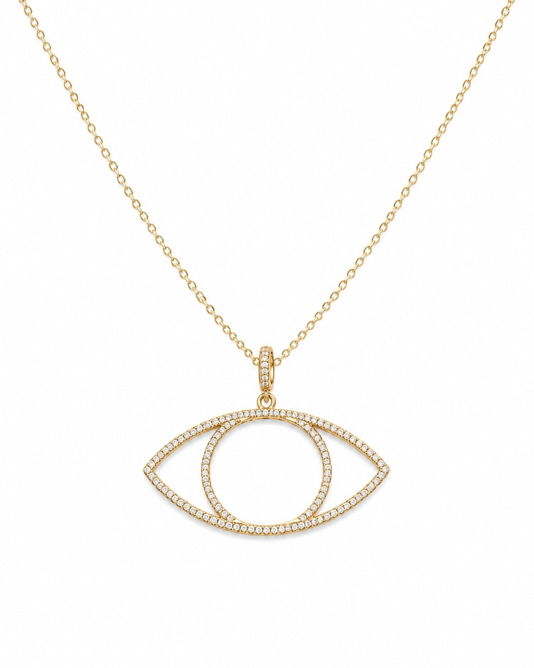 A gold necklace featuring an open eye pendant paved with small clear stones, shown against a plain white background.
