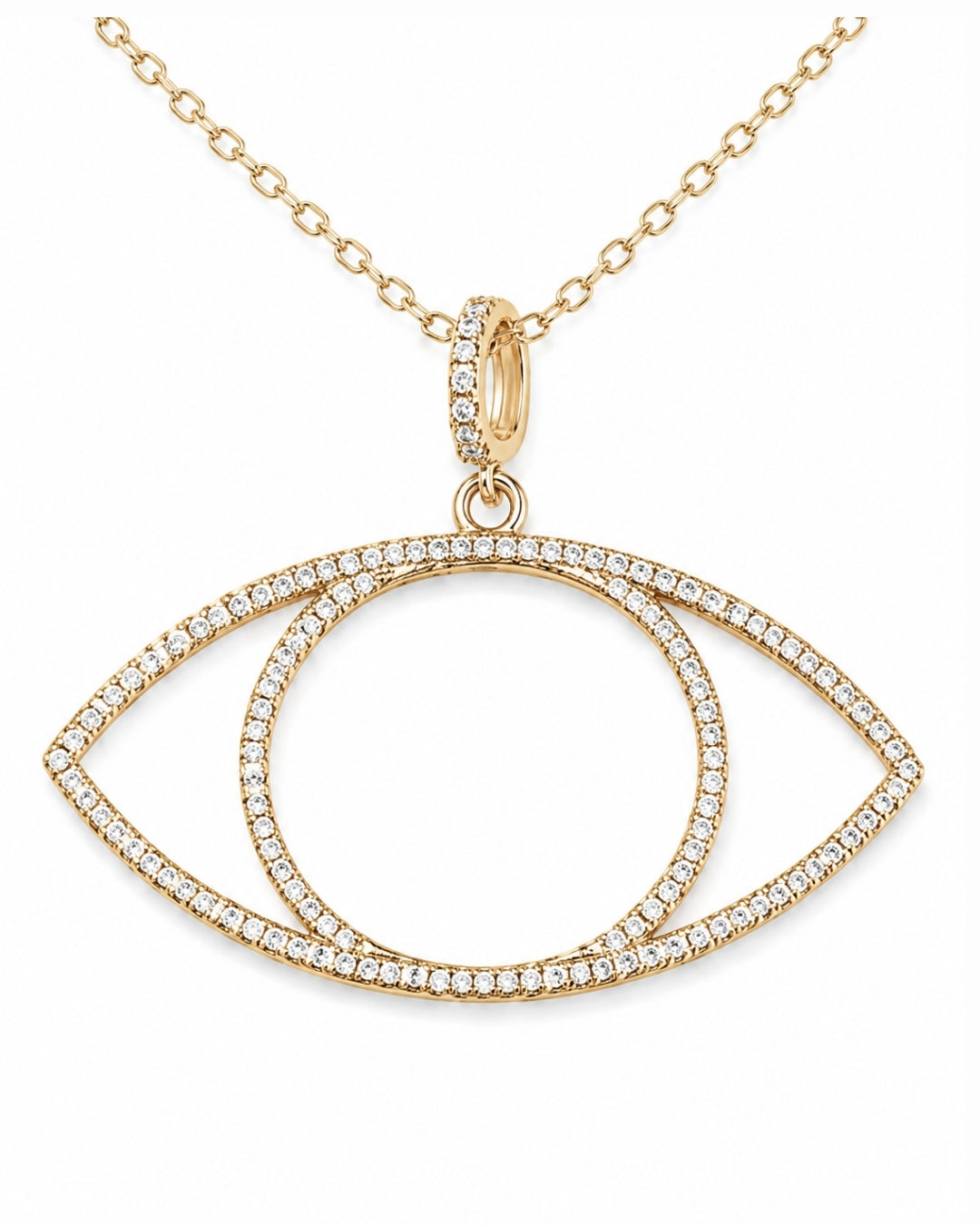 A gold-tone necklace featuring an eye-shaped pendant paved with small clear stones, shown on a plain white background.