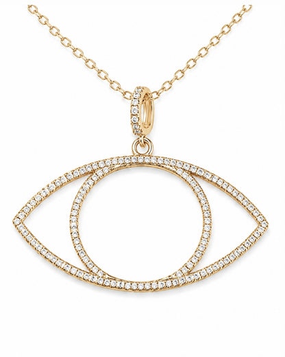 A gold-tone necklace featuring an eye-shaped pendant paved with small clear stones, shown on a plain white background.