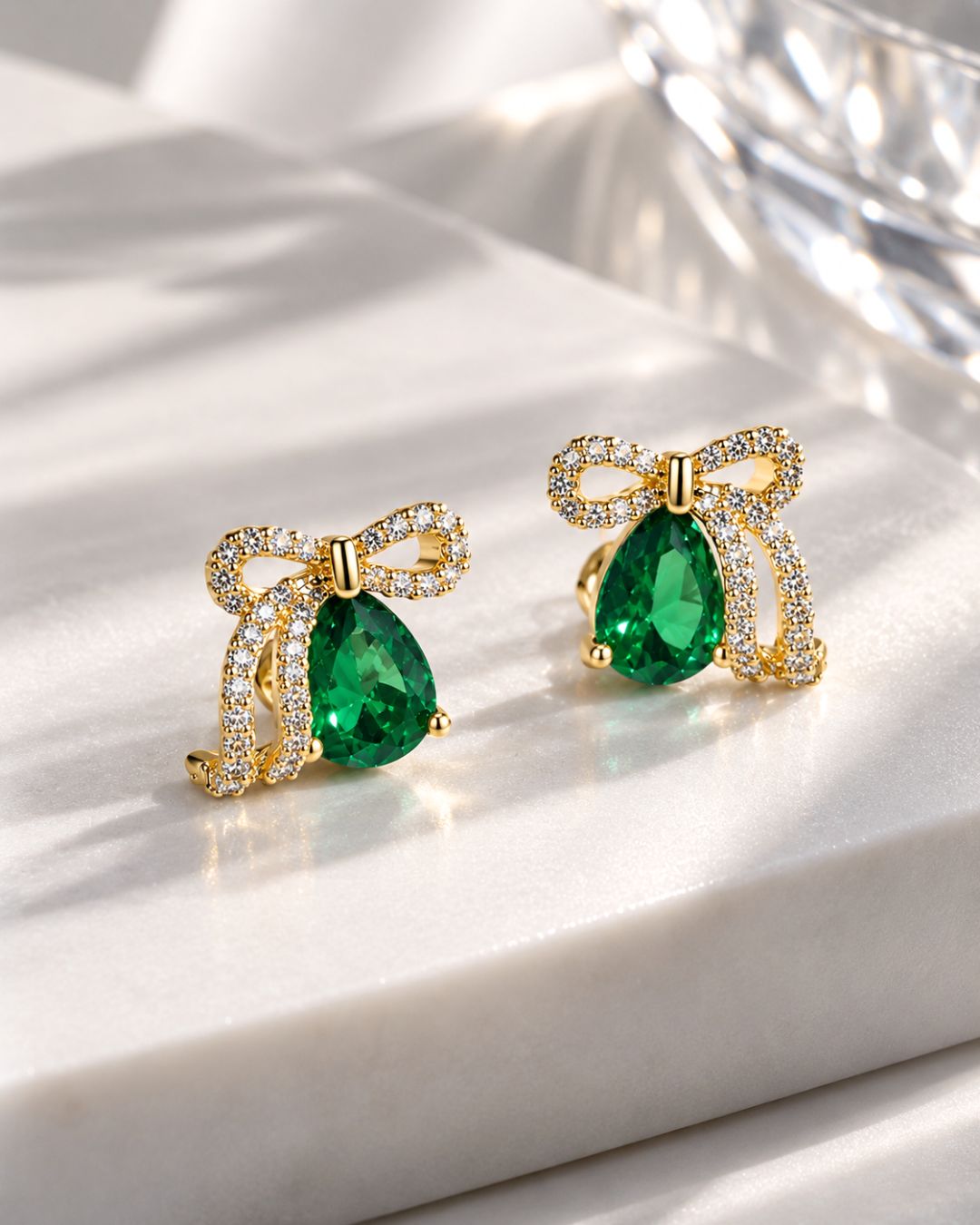 Emerald Bow Stud Earrings