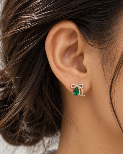 Emerald Bow Stud Earrings