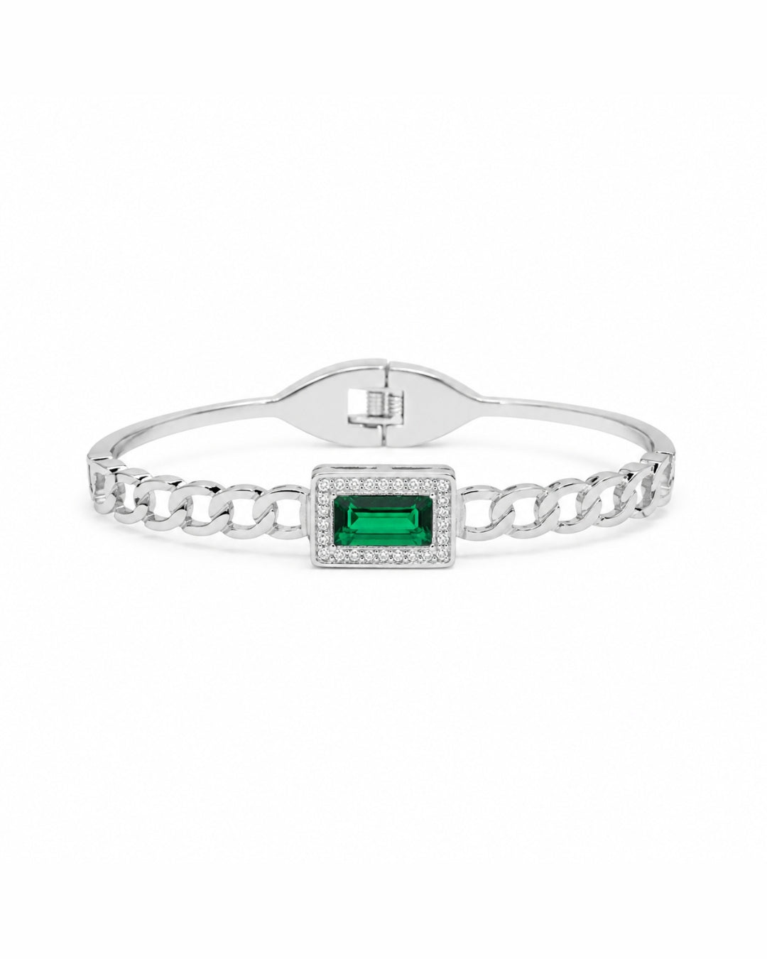 A silver-toned chain link bangle bracelet featuring a rectangular green emerald-cut center stone surrounded by small clear stones, shown on a plain white background.