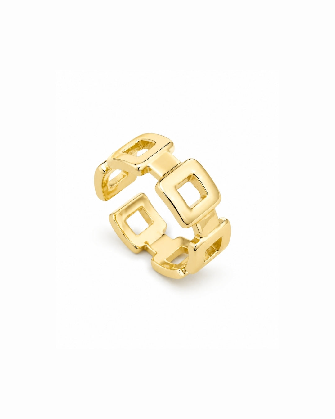 A gold geometric link ring with open square-shaped links, displayed on a clean white background.