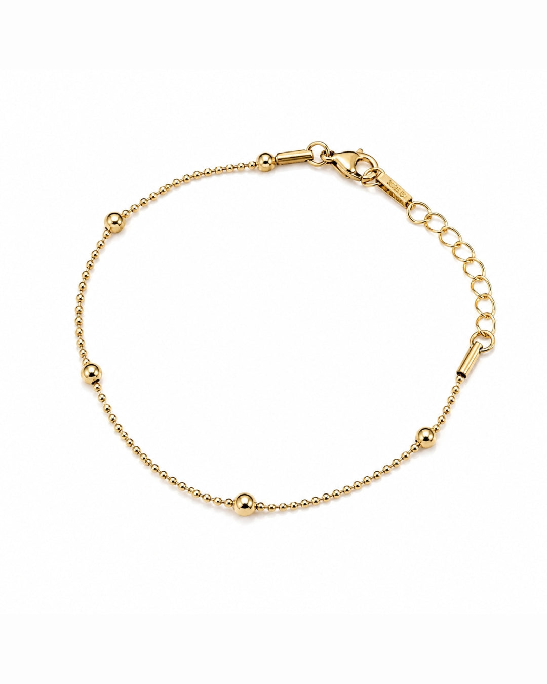 A delicate gold chain bracelet with small polished bead accents and a lobster clasp, displayed on a clean white background.