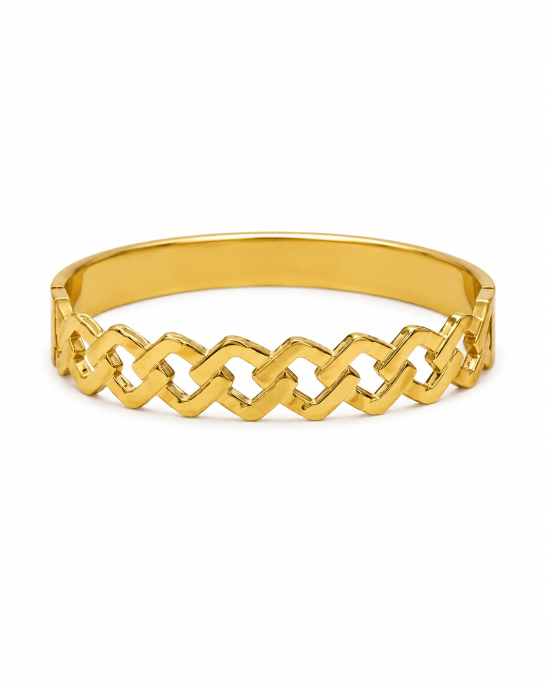 A polished gold bangle bracelet featuring a continuous interlocking geometric link pattern, shown on a clean white background.