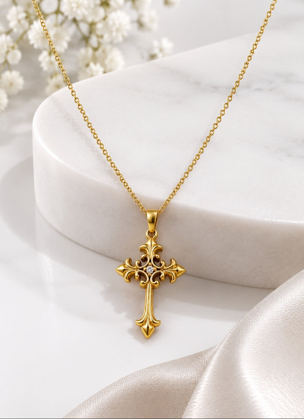 A gold cross pendant necklace with a delicate chain, displayed on a white marble pedestal with soft white flowers and satin fabric in the background.