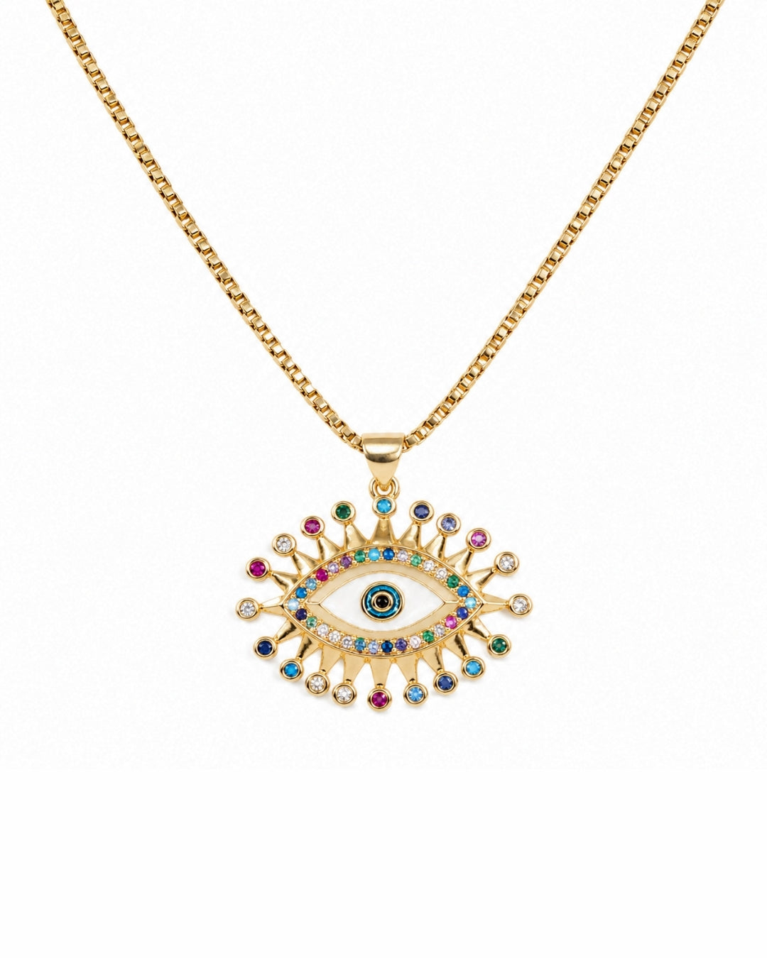 Gold chain necklace with an evil eye pendant featuring multicolored gemstone accents on a white background.