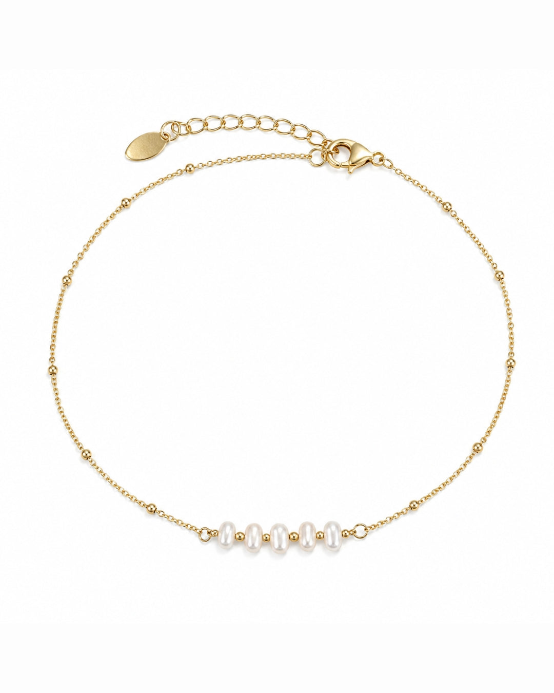 A delicate gold chain anklet featuring five small white pearl beads aligned horizontally at the center, displayed on a clean white background.