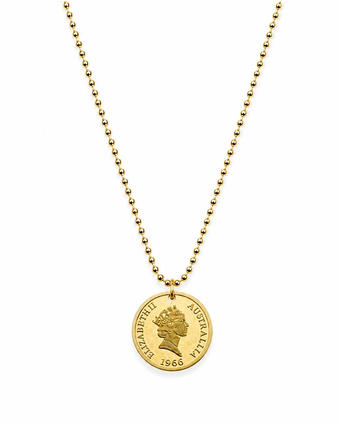 A gold ball-chain necklace featuring a circular pendant styled like a vintage Australian 1966 Queen Elizabeth II coin, shown against a plain white background.