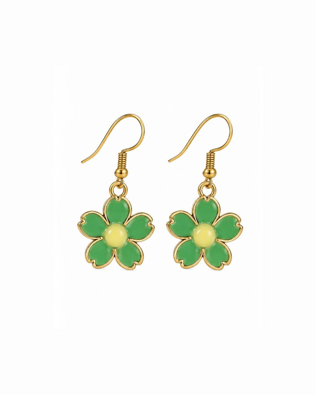 A pair of gold-tone dangle earrings featuring five green enamel flower petals with a pale yellow center, suspended from gold fishhook wires on a plain white background.