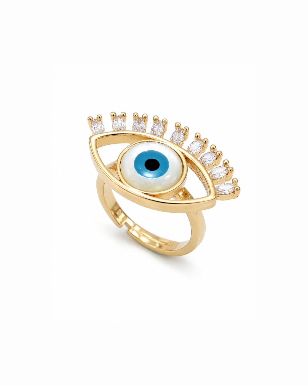 Gold evil eye ring with a blue and white eye motif and clear crystal accents on a white background.