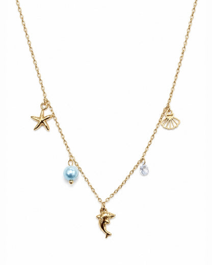 A gold chain necklace featuring sea-themed charms, including a starfish, seashell, dolphin, and a light blue pearl bead, shown on a plain white background.