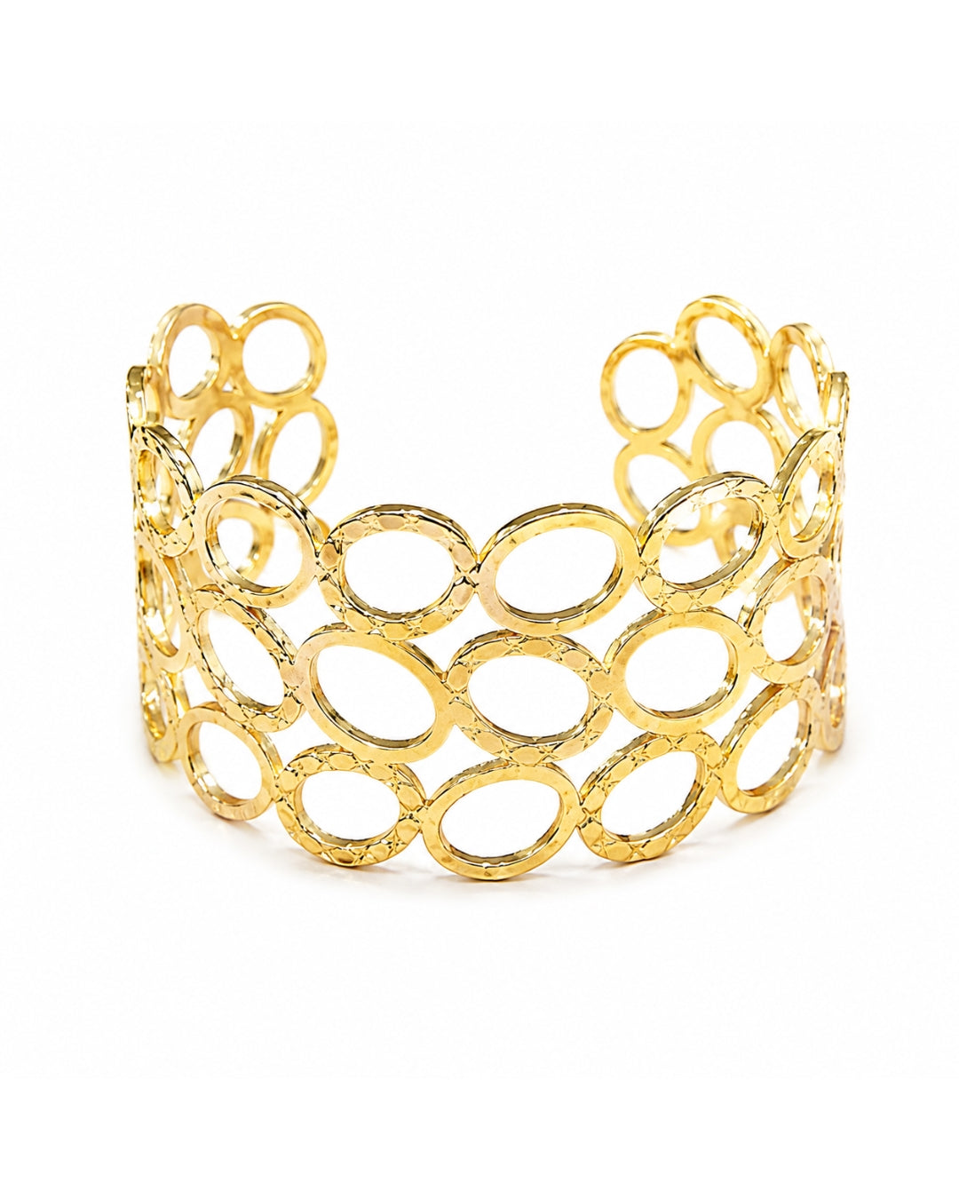 A gold open-link cuff bracelet with a textured, hammered finish, displayed on a clean white background.