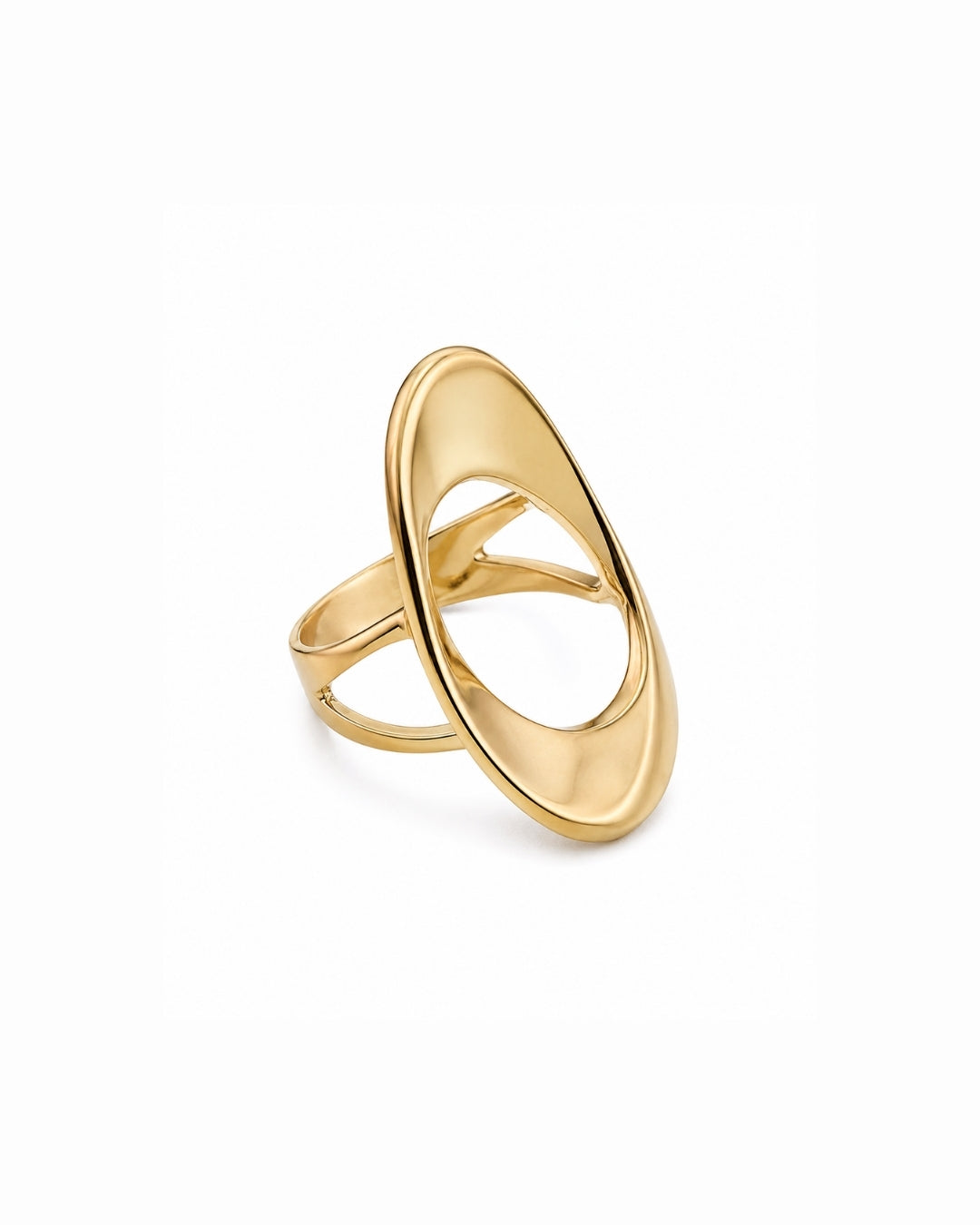 A polished gold ring with a large, open, abstract oval design, photographed on a clean white background.