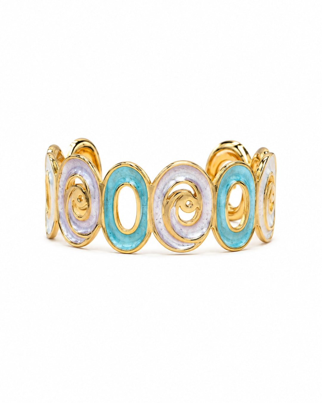 A gold-plated cuff bracelet featuring alternating oval links with light blue and white enamel inlays, set against a plain white background.