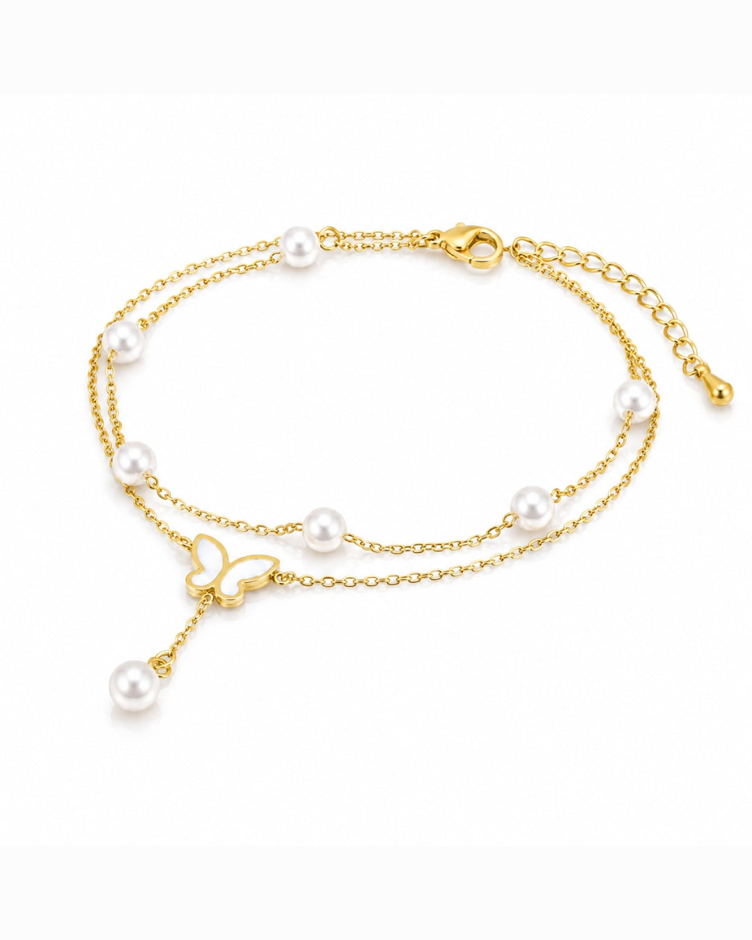 A delicate double-strand gold chain bracelet adorned with white freshwater pearls and a small gold butterfly charm, displayed on a clean white background.