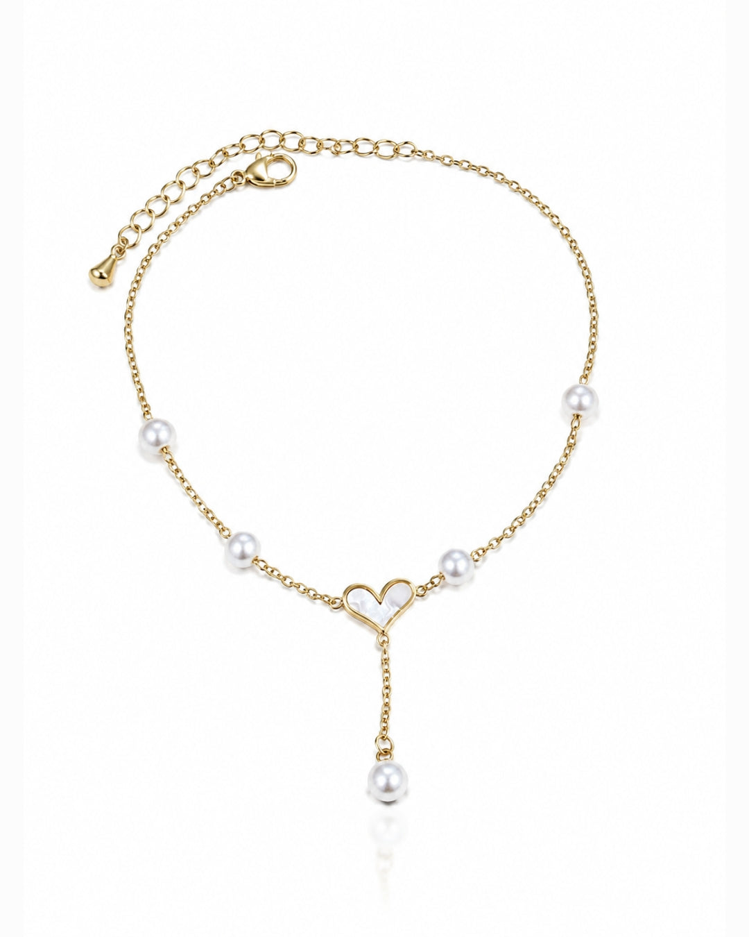 A delicate gold chain anklet featuring white pearl beads spaced along the chain, a small open heart design at the center, and a dangling pearl charm, shown on a clean white background.