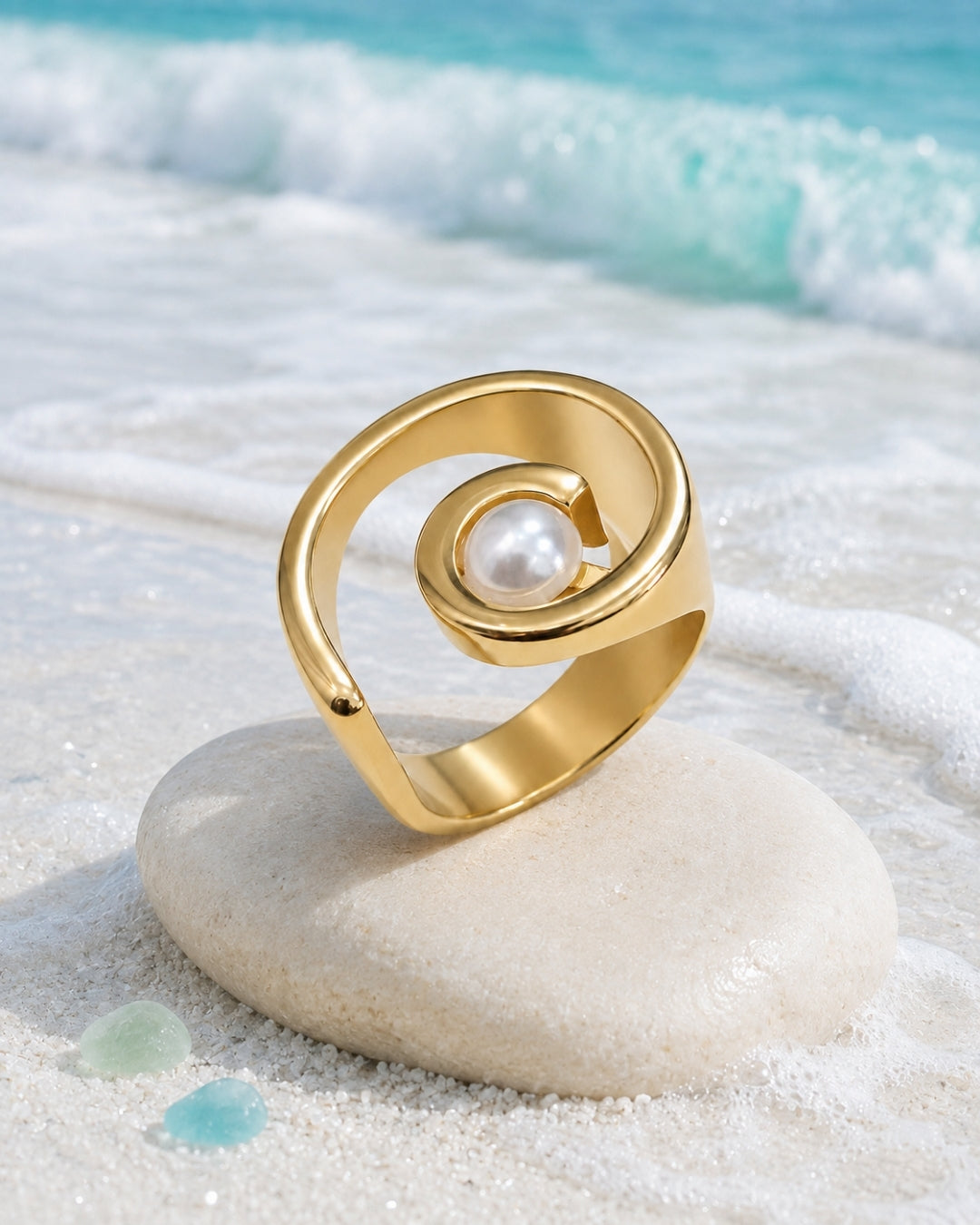 A gold spiral ring with a white pearl in the center, displayed on a smooth white stone on a sandy beach with turquoise ocean waves in the background.