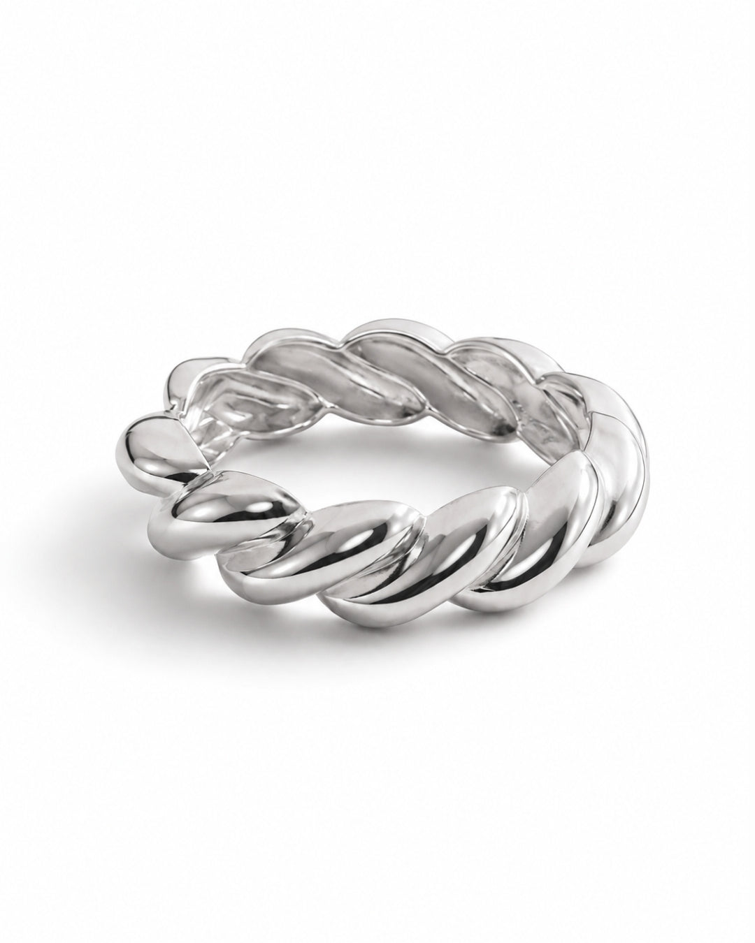 A polished silver twisted rope ring band, photographed on a clean white background with a soft shadow.