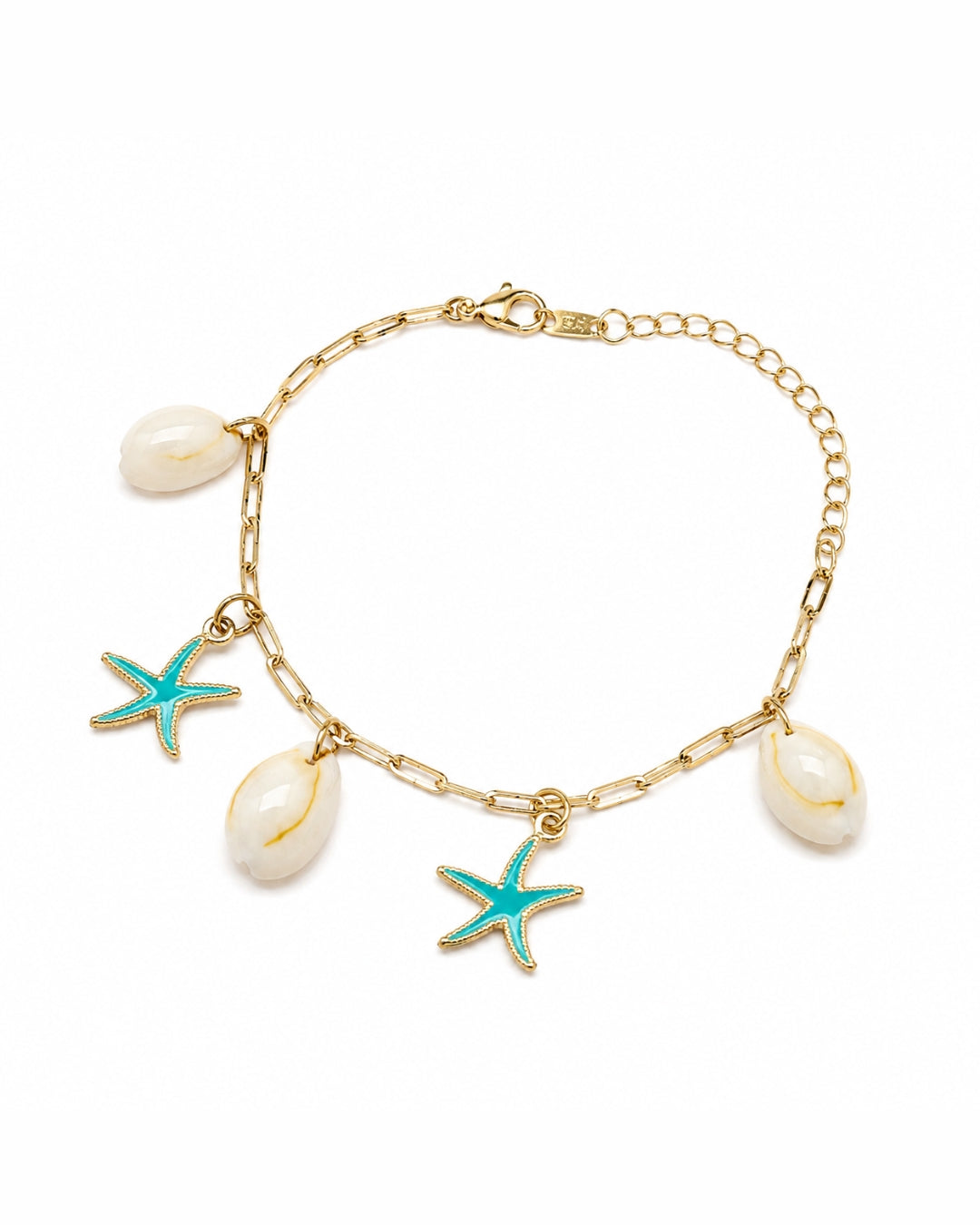 A gold chain bracelet featuring three white cowrie shells and two turquoise starfish charms, displayed on a clean white background.