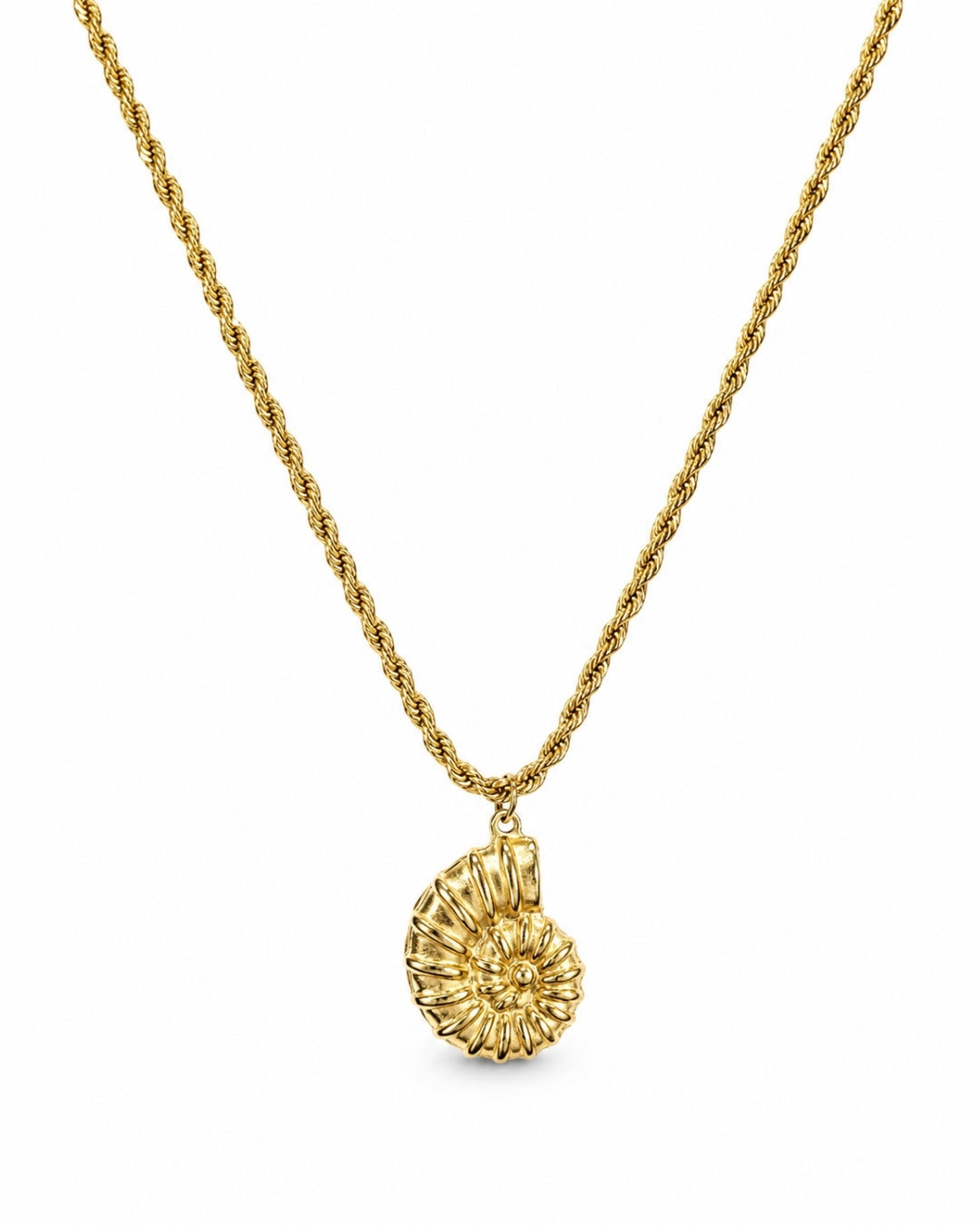 A gold necklace with a textured, spiral shell-shaped pendant, displayed against a solid white background.