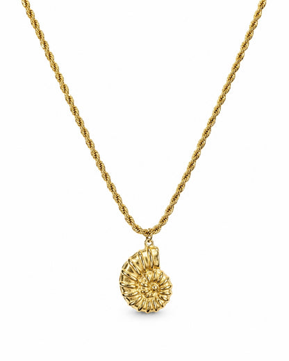 A gold necklace with a textured, spiral shell-shaped pendant, displayed against a solid white background.