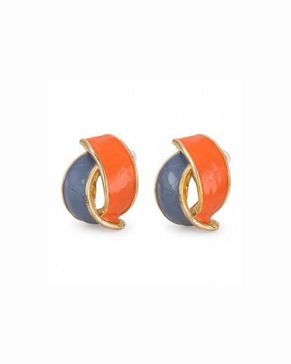 A pair of gold-tone huggie hoop earrings featuring a dual-color enamel design with vibrant orange and slate blue sections.