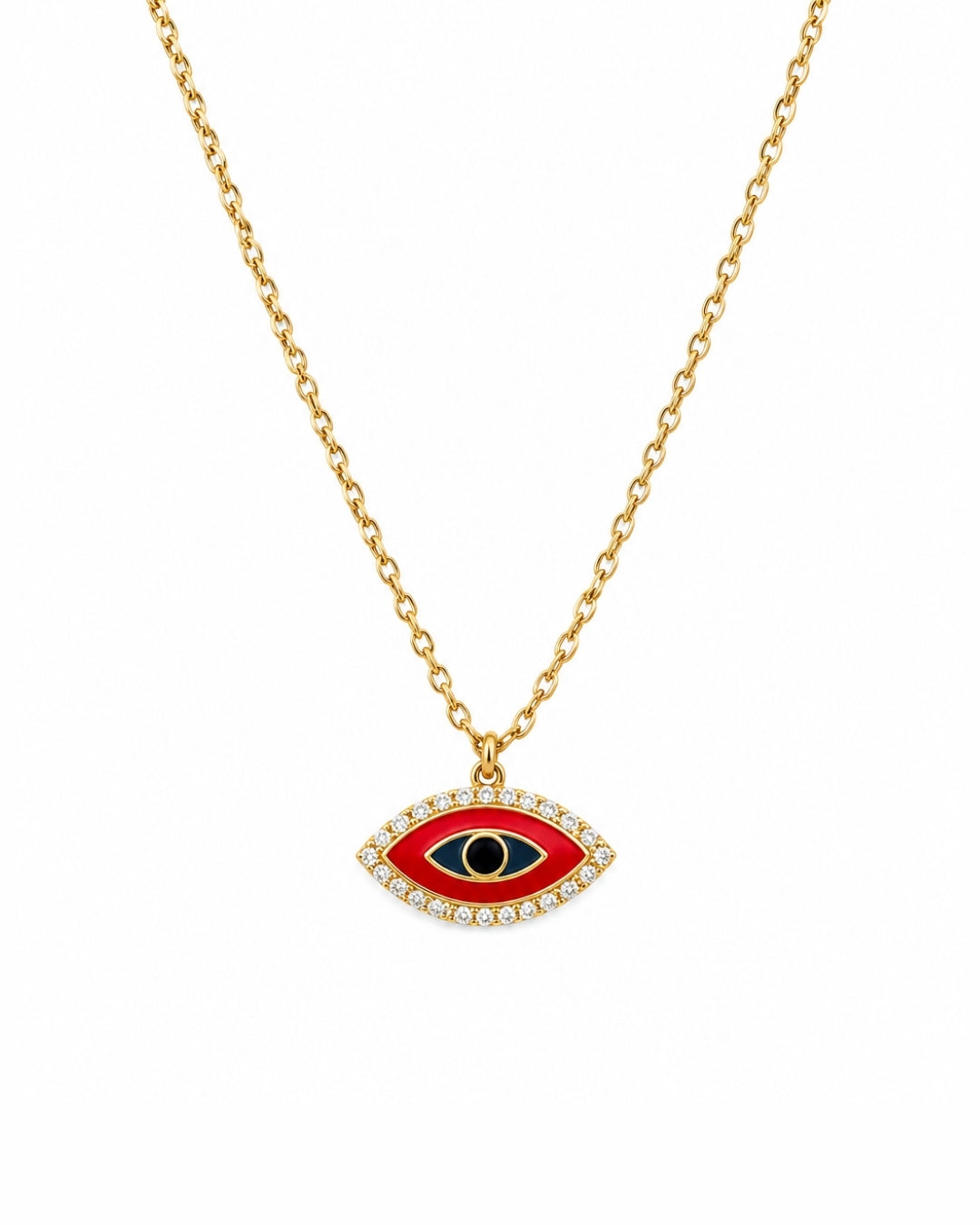 Gold chain necklace with an evil eye pendant featuring a red enamel background, a black pupil, and a border of small clear crystals on a white background.