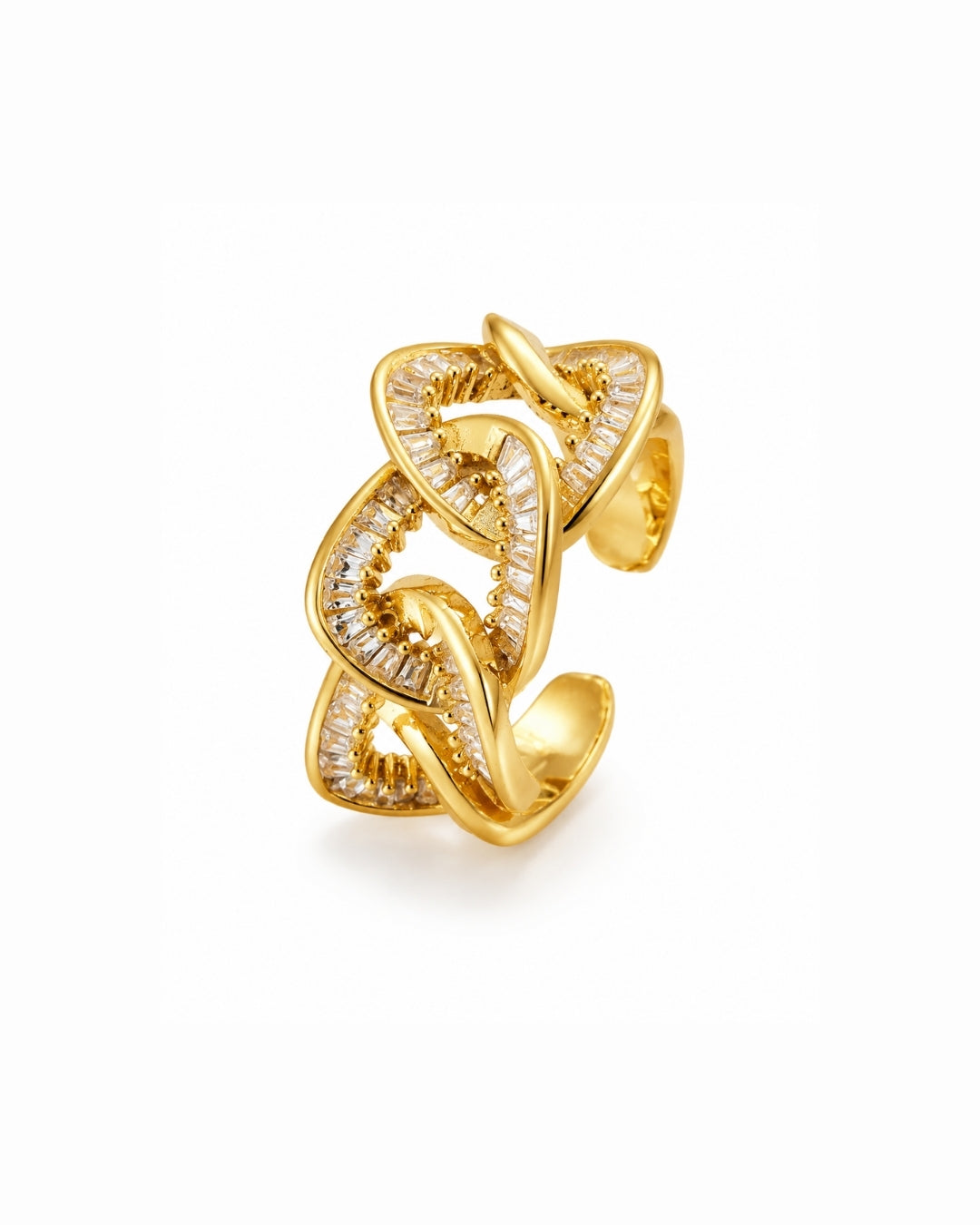 A gold open cuff ring featuring a twisted, interlocking chain-like design paved with small clear stones, shown on a clean white background.